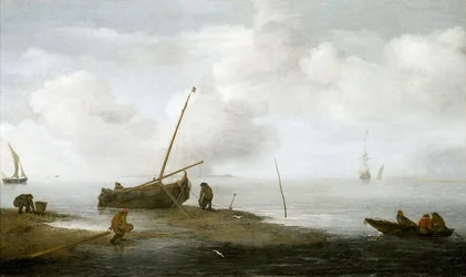 Muschelfischen, ein Fischerboot am Ufer und drei Männer, die Muscheln in ihre Körbe sammeln. Öl auf Leinwand 1622, von Jan Porcellis (1580-1632)