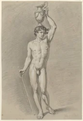 Stehender männlicher Akt mit einer Vase auf dem Kopf