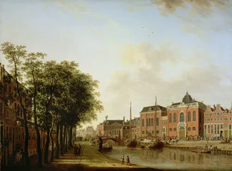 Die Houtgracht, heute Jonas Daniël Meijerplein, Amsterdam, mit den aschkenasischen Synagogen, dem Arsenal, der Portugiesischen Synagoge und Segelkähnen