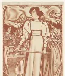 Arbeit für die Frau. Lose der Nationalen Ausstellung für Frauenarbeit zu 50 Cent auf dem Gelände und in den Verkaufsstellen erhältlich. Erster Preis ein Juwelenschmuck im Wert von f.1000,- (Titel auf dem Objekt)