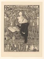 Dirigent mit Geigen und rauchenden Schornsteinen im Hintergrund (De Staatskas / De Haardsteden)