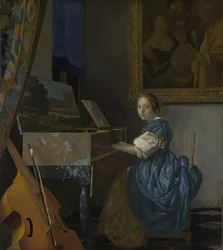 Eine junge Frau sitzt an einem Virginal, um 1670