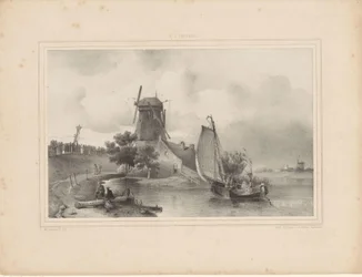 Ansicht eines Flusses mit Segelboot und Mühle