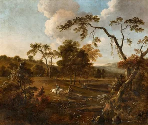 Landschaft mit Hügeln und einer Hirschjagd