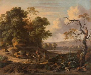Landschaft mit einem Mann, der einen Esel reitet