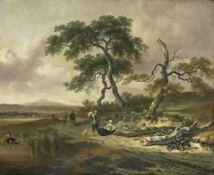 Landschaft mit einem Händler und einer ruhenden Frau