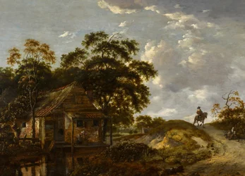 Landschaft mit einem Cottage an einem Fluss und einer Frau, die einen Topf scheuert, ein Herr zu Pferd auf einem Pfad