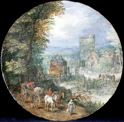 Eine ausgedehnte bewaldete Landschaft mit Stadt, Mühle und Bauern