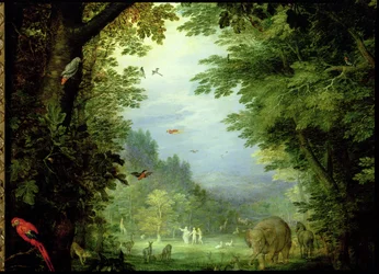 Die Erde oder Das irdische Paradies, Detail mit Adam und Eva, Gott und anderen Tieren, 1607-08, Detail von 93899