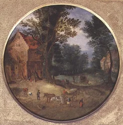 Flämische Landschaft mit Karren und Figuren