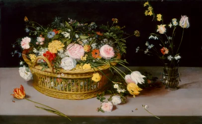 Blumen in einem Korb und einer Vase, 1615