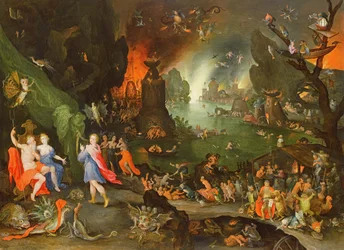 Orpheus mit einer Harfe spielt für Pluto und Persephone in der Unterwelt