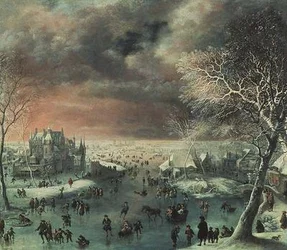 Eine Winterlandschaft mit Figuren auf dem Eis