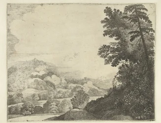 Landschaft mit Schaf auf Hügel und Bäumen