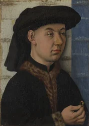 Ein junger Mann, der einen Ring hält, ca. 1450