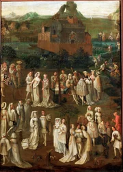 Hofgesellschaft vor einer burgundischen Burg