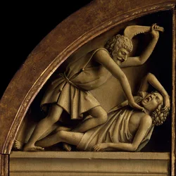 Der Genter Altar. Anbetung des mystischen Lammes: Kain tötet Abel