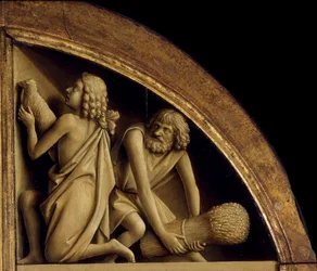 Der Genter Altar. Anbetung des mystischen Lammes: Das Opfer von Kain und Abel, 1432