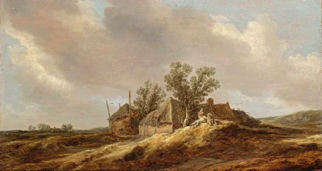 Weite Dünenlandschaft mit Bauern vor einem Bauernhaus