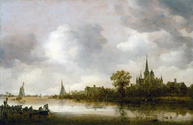 Flusslandschaft mit Kirche in der Ferne