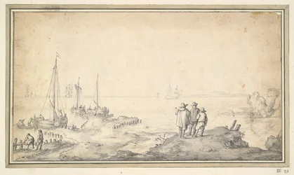 Drei Figuren auf einer Düne mit Blick auf die Bucht mit Schiffen