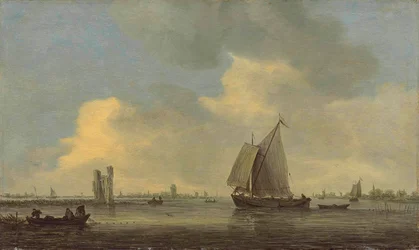 Blick auf die Merwede und die Ruine des Huis te Merwede; im Hintergrund Dordrecht