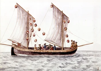 Ein venezianischer Trabac mit Laternen, Fischerboot, das in flachen Gewässern wie der Adria verwendet wird. Aquarellzeichnung und Tinte aus dem Manuskript „Sitten der Venezianer“ von Jan van Grevenbroeck (oder Giovanni Grevembroch (Grevenbroch) (1731-1807)