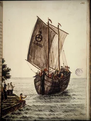 Boot der Pilger. Aquarellzeichnung und Tinte aus dem Manuskript „Sitten der Venezianer“ von Jan van Grevenbroeck (oder Giovanni Grevembroch) (1731-1807)