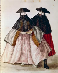 Karnevalsfiguren in Venedig, Illustration aus dem illustrierten Buch der venezianischen Kostüme, von Jan Grevenbroeck, Aquarell, Italien