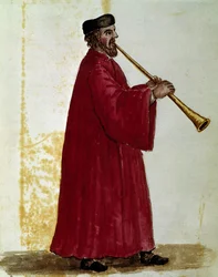 Flötenspieler Aquarellzeichnung und Tinte aus dem Manuskript „Sitten der Venezianer“ von Jan van Grevenbroeck