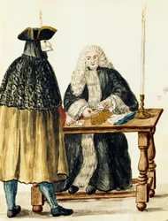 Richter spielt Karten mit maskiertem Mann, von Jan Grevenbroeck (1731-1807), Italien