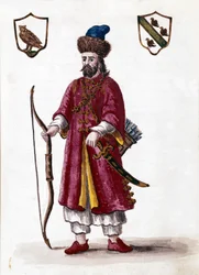 Marco Polo. Aquarellzeichnung und Tinte aus dem Manuskript „Customs of the Venitians“ von Jan van Grevenbroeck (oder Giovanni Grevembroch (Grevenbroch) (1731-1807)
