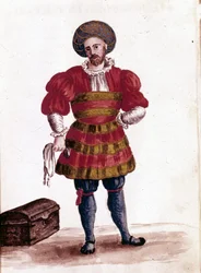 Händler von Venedig im 15. Jahrhundert. Aquarellzeichnung und Tinte aus dem Manuskript „Sitten der Venezianer“ von Jan van Grevenbroeck (oder Giovanni Grevembroch (Grevenbroch) (1731-1807)