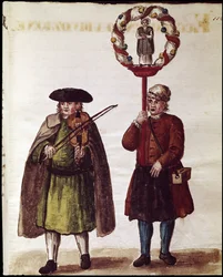 Religiöse Feier der Heiligsprechung eines Heiligen. Aquarellzeichnung und Tinte aus dem Manuskript „Sitten der Venezianer“ von Jan van Grevenbroeck (1731-1807)