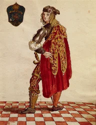 Ritteranzug der Bruderschaft de la Calza (Stocking) im Jahr 1564, aus Gli Abiti de Veneziani, illustriertes Kostümbuch