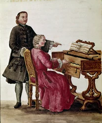 Der Sänger (Der Opernsänger spielt Klavier) Aquarellzeichnung und Tinte von Jan van Grevenbroeck (oder Giovanni Grevembroch) (1731-1807)
