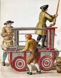 Verwendung einer Wasserpumpe oder hydraulischen Pumpe Aquarellzeichnung und Tinte aus einem Manuskript von Jan van Grevenbroeck (1731-1807)