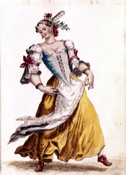 Venezianischer Tanz. Aquarellzeichnung und Tinte aus dem Manuskript „Sitten der Venezianer“ von Jan van Grevenbroeck (oder Giovanni Grevembroch) (1731-1807)