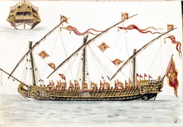 Venezianischer Galesus. Aquarellzeichnung und Tinte aus dem Manuskript „Sitten der Venezianer“ von Jan van Grevenbroeck (oder Giovanni Grevembroch (Grevenbroch) (1731-1807)