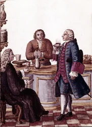 Venezianische Adlige beim Kaffee, einer genießt eine Schokolade. Aquarellzeichnung und Tinte aus dem Manuskript „Sitten der Venezianer“ von Jan van Grevenbroeck (oder Giovanni Grevembroch)