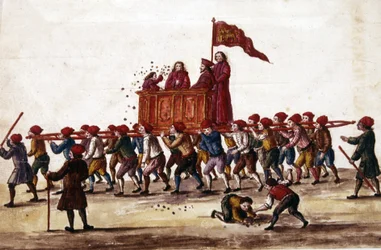 Venezianische Feste. Der gerade gewählte Prinz wird von den Arsenalarbeitern triumphierend zum Markusplatz getragen. Während des Kurses wirft er Münzen auf die Menge. Aquarellzeichnung und Tinte aus dem Manuskript „Bräuche der Venezianer“
