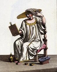 Venezianische Methode der Frauen, ihr Haar in der Sonne aufzuhellen im 17. - 18. Jahrhundert. Aquarellzeichnung und Tinte aus dem Manuskript „Bräuche der Venezianer“ von Jan van Grevenbroeck (oder Giovanni Grevembroch) (1731-1807)