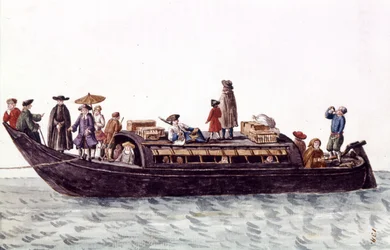 Venezianische Lagune, Boot für den Transport von Menschen und Gütern. Aquarellzeichnung und Tinte aus dem Manuskript „Bräuche der Venezianer“ von Jan van Grevenbroeck (oder Giovanni Grevembroch) (1731-1807)