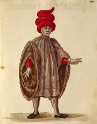 Junger Mann in "Dogalina", formale Robe mit weiten Ärmeln, aus Gli Abiti de Veneziani, illustriertes Kostümbuch