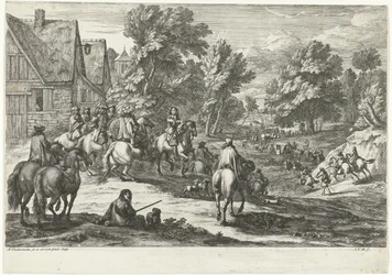 Ansicht eines Dorfes mit Reitern im Vordergrund