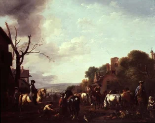 Reiter und Reisende, die in einem Dorf Halt machen