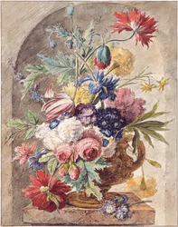 Blumenstillleben in einer Vase mit Henkel auf einem Sockel in einer Nische