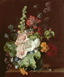 Stockrosen und andere Blumen in einer Vase, 1702-20