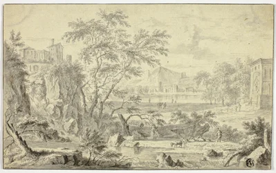 Italienische Landschaft mit Hirte und Herde am Bach, Stadt in der Ferne