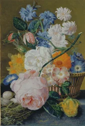 Rosen, Winde, Narzissen, Astern und andere Blumen in einem Korb, mit Eiern in einem Nest auf einer Marmorkante, 1744